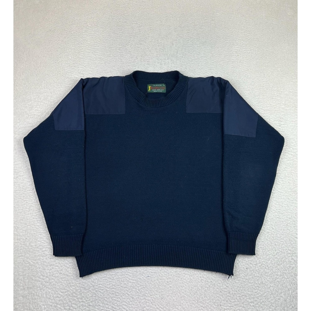 RainSwetter Sweater Mens Large Navy Water Repellent Shoulder Patches Knit USA